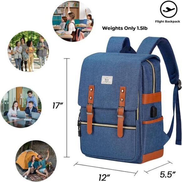 Laptop Backpack for Women Men, with USB Charging Port Blue - Picture 2 of 6